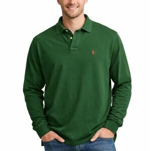Polo By Ralph Lauren Men's Long Sleeve Polo Green with Red Logo 100% Cotton XL